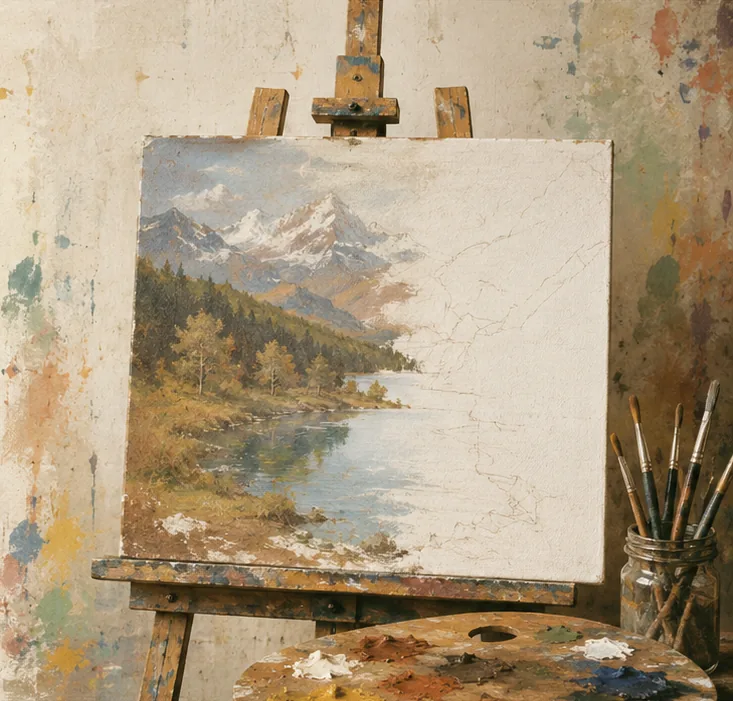 A half-finished landscape painting on an easel in a paint-spattered studio, with brushes in a jar and a loaded palette